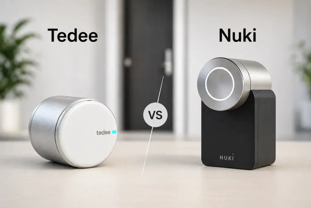 השוואה בין מנעול חכם Tedee לבין Nuki על רקע בית מודרני – איזה מנעול עדיף בישראל