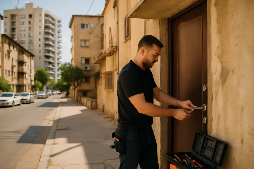 מנעולן מקצועי עומד ליד דלת כניסה בבניין מגורים באשקלון עם ארגז כלים פתוח ומערכת מנעולים רב-בריחית