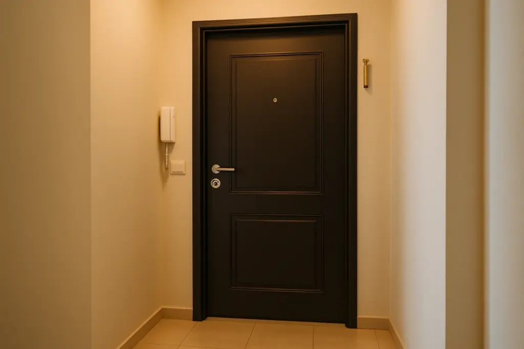 דלת כניסה שחורה עם ידית וצלף בחדר כניסה בטון