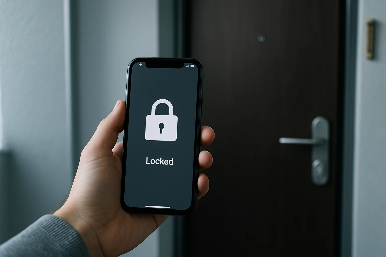 יד אוחזת בסמartphone עם סמל נעילה וטקסט "Locked" על המסך