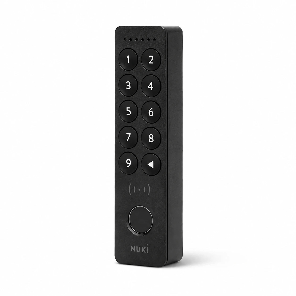 Nuki Keypad 2 NFC – קודן חיצוני שחור עם מקלדת מספרים, קורא תגי NFC וחיישן טביעת אצבע